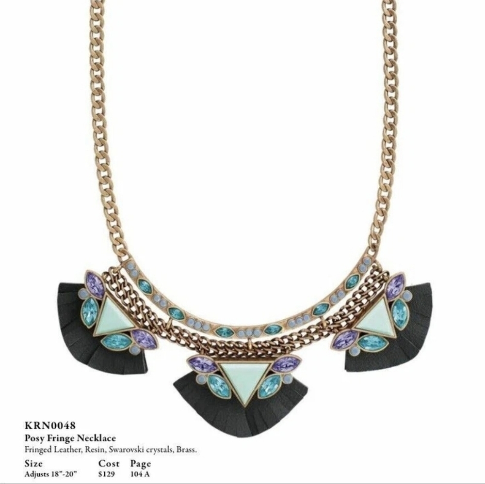 Silpada KR Posy Fringe Bib Leather Brass Swarovski Crystal Statement Necklace